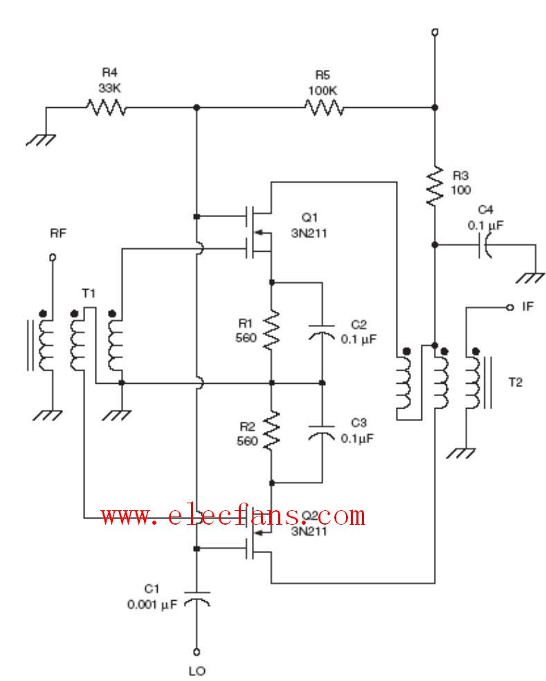 双通道场<b>效应管</b>混频器射频电路 (Dual <b>MOSFET</b> mi